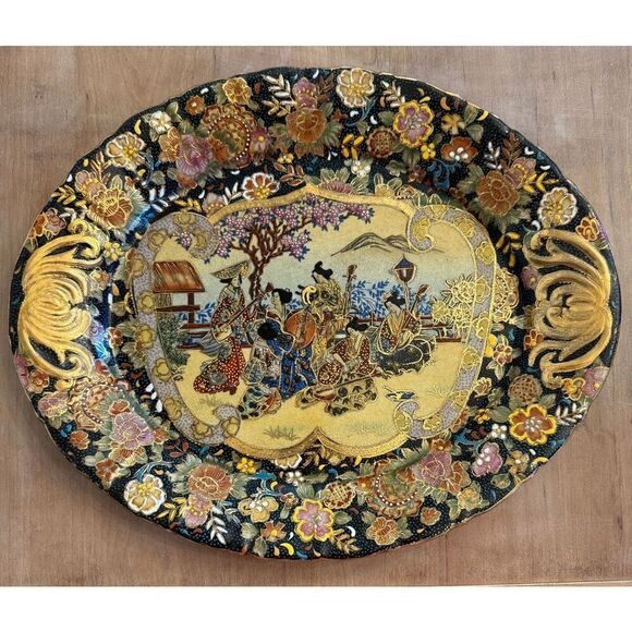Japanese Meiji Satsuma Polychrome Porcelain " Geisha's Garden Song" Oval Platter - Picture 1 of 8